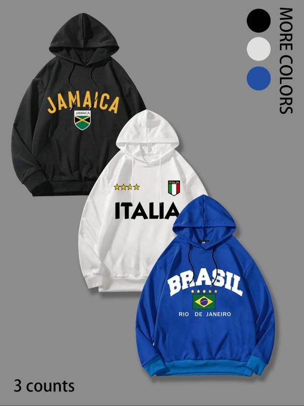 Men'WB shield Letter & Flag Print Drop Shoulder Hoodie, Casual Regular Fit Drawstring Long Sleeve Hooded Sweatshirt for...
