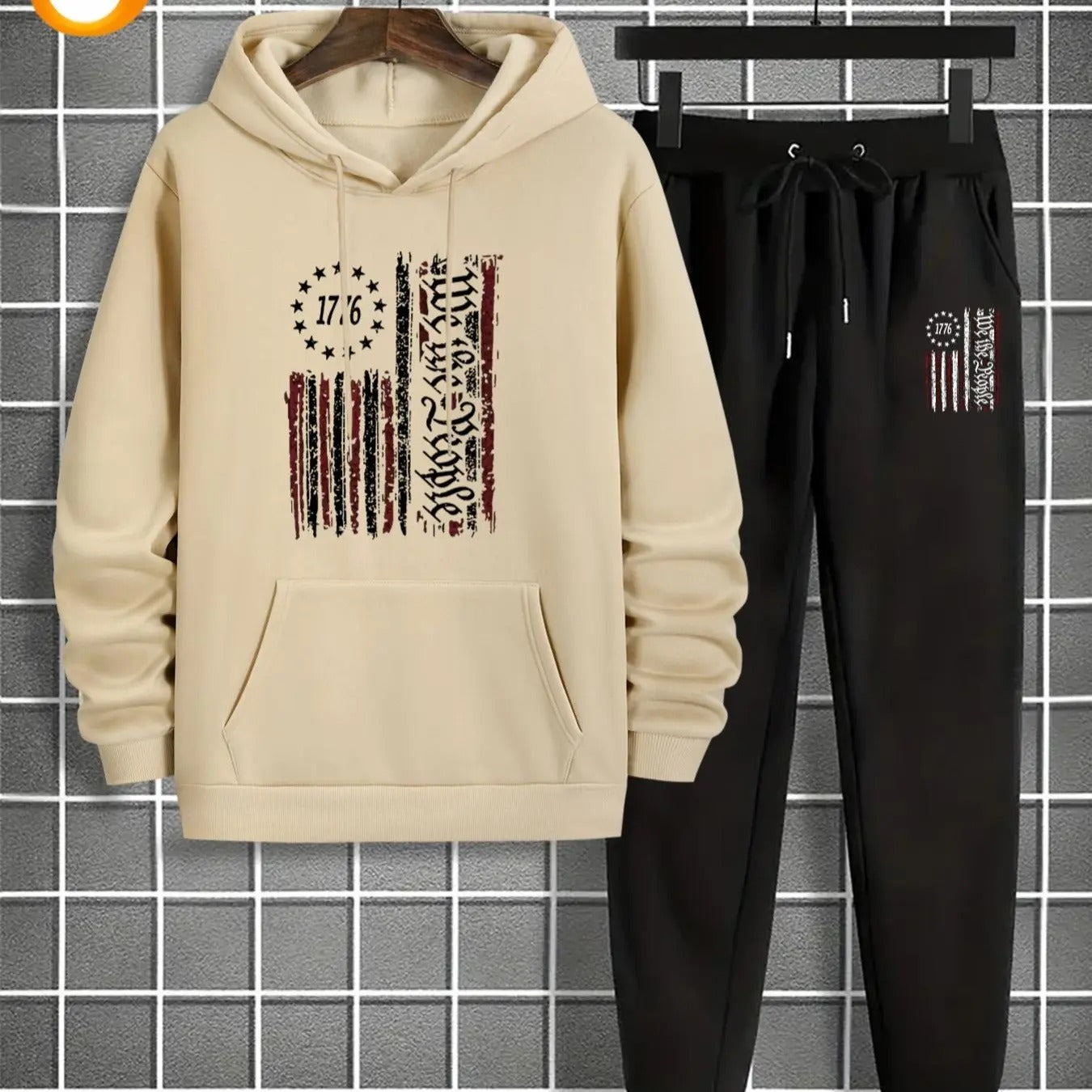 Men'WB shield Letter & Flag Print Hoodie & Drawstring Waist Sweatpants Straw hat pirates Set, Casual Fashion Cozy...