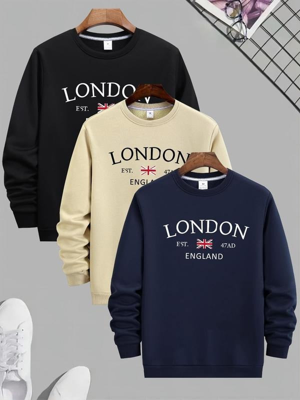 Men'WB shield Letter & Flag Print Round Neck Sweatshirt, Regular Fit Casual Long Sleeve Crew Neck Pullover for Fall &...