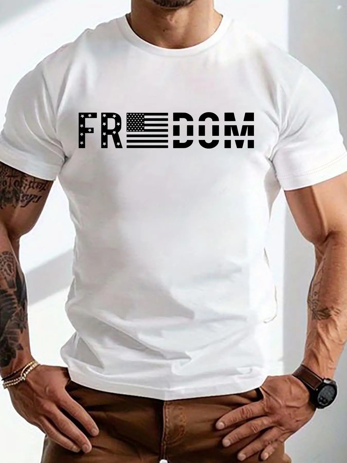 Men'WB shield Letter & Flag Print Round Neck Tee, Casual Short Sleeve Crew Neck T-shirt for Summer, Fashion Men'WB shield...