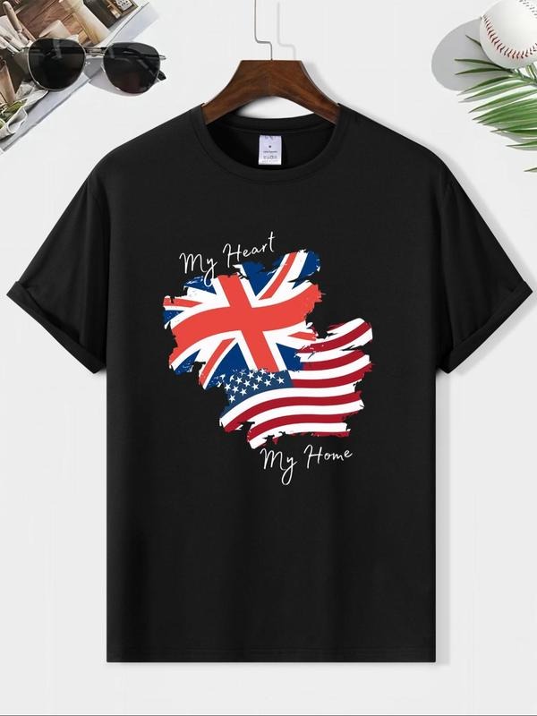 Men'WB shield Letter & Flag Print Round Neck Tee, Casual Short Sleeve T-shirt for Summer, Casual Comfy Men'WB shield...