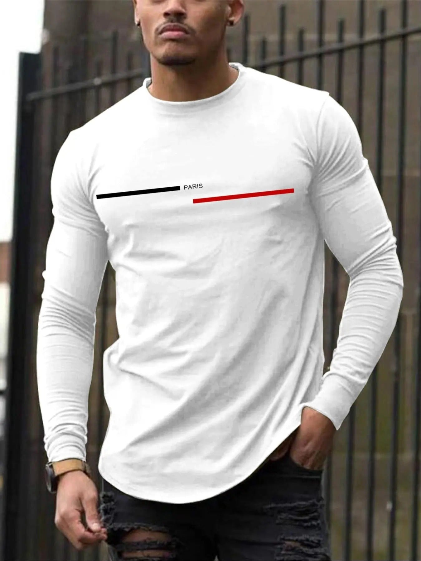 Men'WB shield Letter & Geometric Print Mock Neck Tee, Casual Comfy Regular Fit Long Sleeve T-shirt for Daily Wear, Men'WB...
