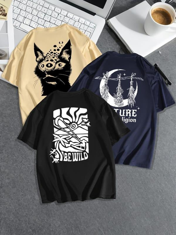 Men'WB shield Letter & Graphic Print Round Neck Tee, Regular Fit Casual Short Sleeve T-shirt for Summer, Men'WB shield...