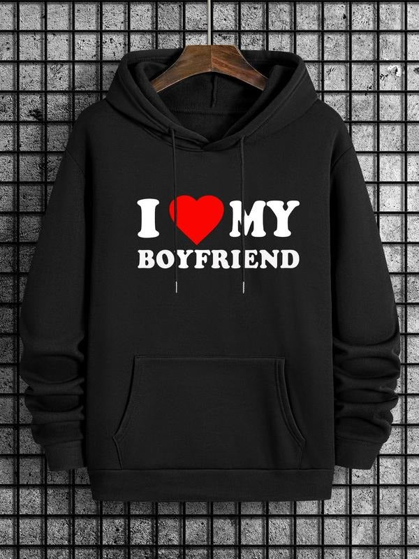 Men'WB shield Letter & Heart Print Drawstring Hoodie, Casual Pocket Long Sleeve Hooded Pullover Sweatshirt for Daily...