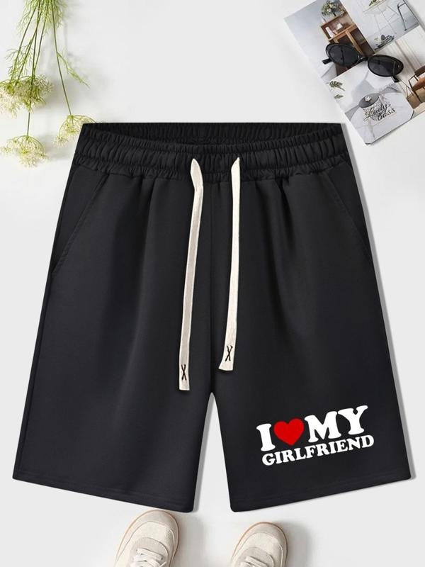 Men'WB shield Letter & Heart Print Drawstring Waist Track Shorts, Regular Fit Casual "Swoosh Love My Girlfriend" Print...