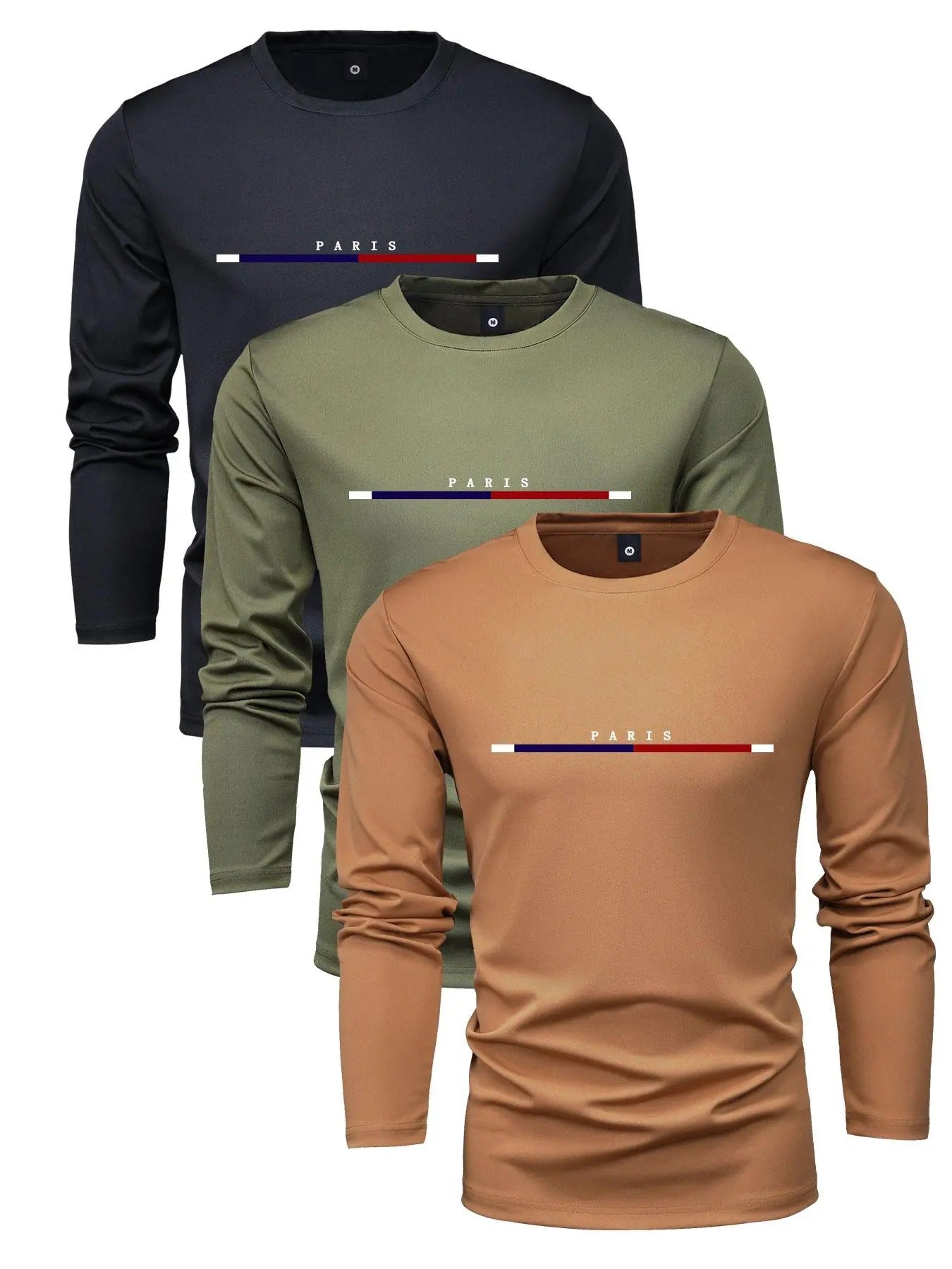 Men'WB shield Letter & Horizontal BB Print Round Neck Tee, Regular Fit Casual Long Sleeve Crew Neck T-shirt for Daily...