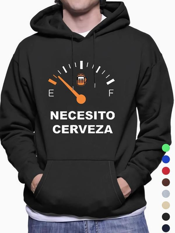 Men'WB shield Letter & Meter Print Drop Shoulder Long Sleeve Hoodie, Casual Regular Fit Drawstring Kangaroo Pocket Hooded...