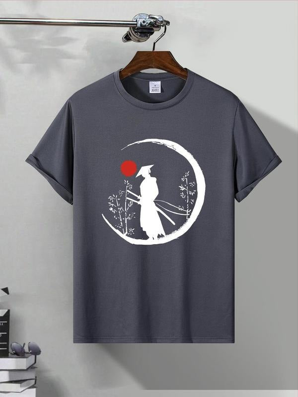 Men'WB shield Letter & Moon Print Round Neck Tee, Regular Fit Casual Short Sleeve T-shirt for Summer, Men'WB shield Top...