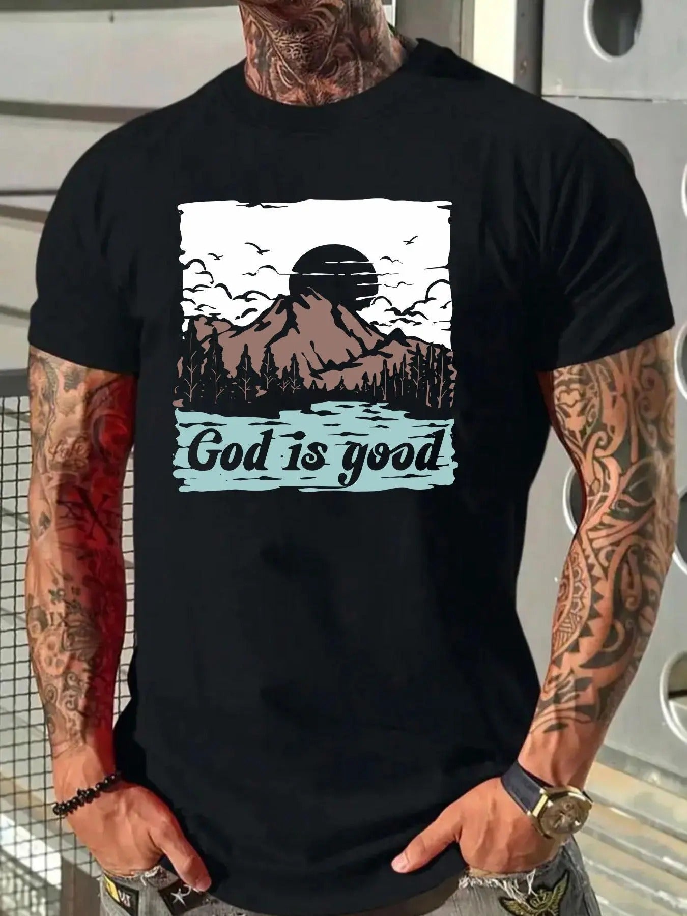 Men'WB shield Letter & Mountain Print Round Neck Tee, Loose Casual Short Sleeve Crew Neck T-shirt for Summer, Fashion...