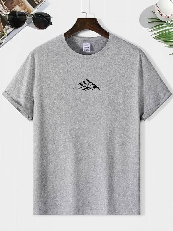 Men'WB shield Letter & Mountain Print Round Neck Tee, Loose Casual Short Sleeve Crew Neck T-shirt for Summer, Fashion...