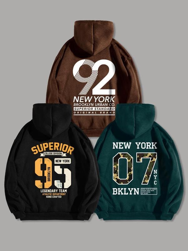 Men'WB shield Letter & Number Print Drop Shoulder Hoodie, Casual Regular Fit Drawstring Pocket Hooded Sweatshirt for...