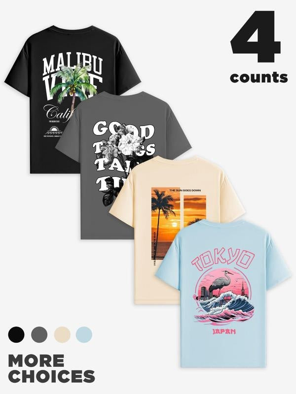 Men'WB shield Letter & Palm Tree & Floral & Flamingo Print Short Sleeve Graphic Tee, Regular Fit Casual Round Neck...