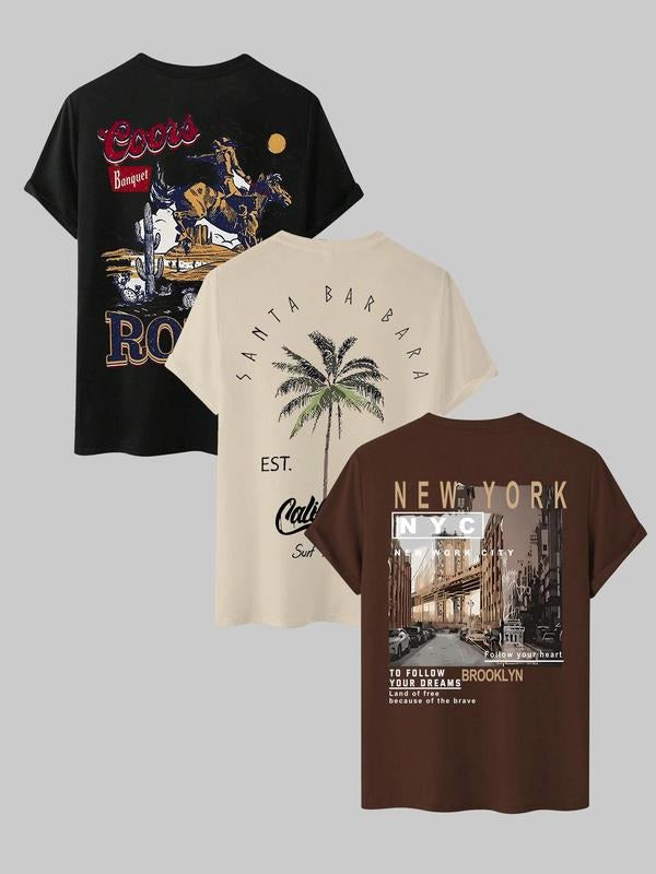 Men'WB shield Letter & Palm Tree Print Drop Shoulder Tee, Street Fashion Printed Shirts, Casual Regular Fit Round Neck...