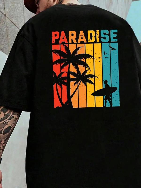 Men'WB shield Letter & Palm Tree Print Round Neck Graphic Tee, Vintage Trendy Casual Short Sleeve T-shirt for Daily Wear,...