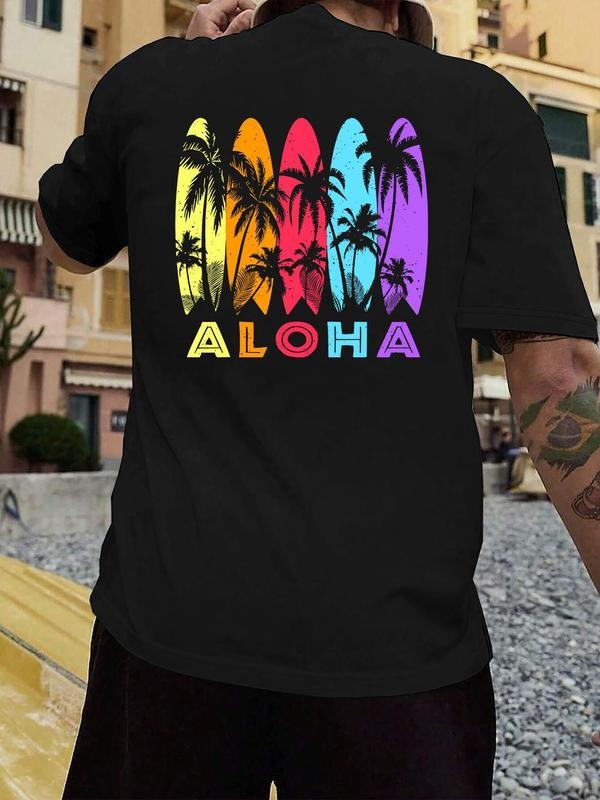 Men'WB shield Letter & Palm Tree Print Round Neck Tee, Loose Casual Short Sleeve T-shirt for Summer, Men'WB shield Top...
