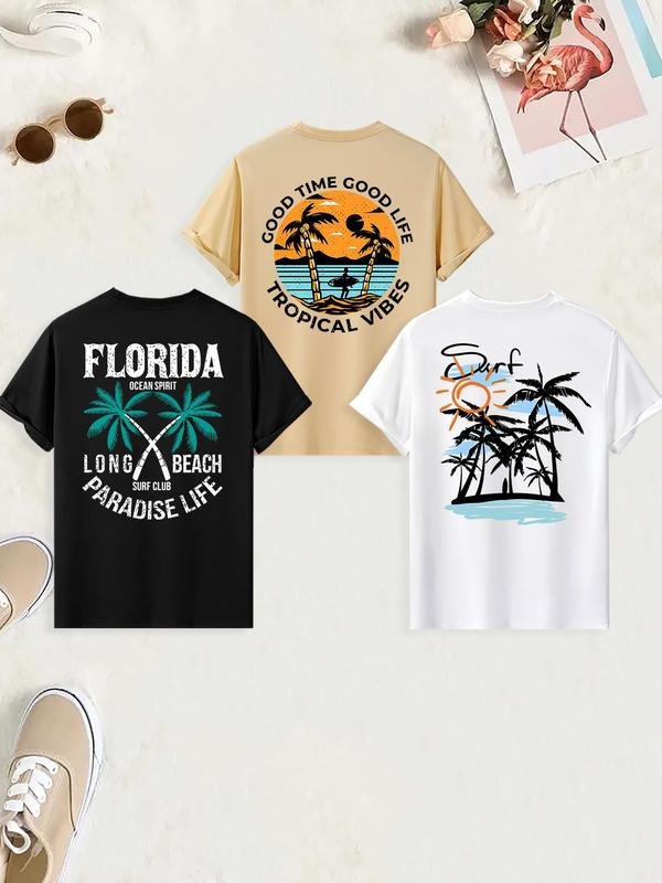 Men'WB shield Letter & Palm Tree Print Short Sleeve Graphic Tee, Regular Fit Casual Round Neck T-shirt for Summer, Men'WB...