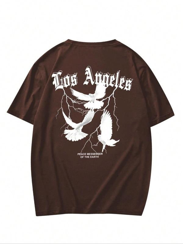 Men'WB shield Letter & Pigeon Print Round Neck Drop Shoulder Tee, Regular Fit Casual Comfy Short Sleeve T-Shirt for...