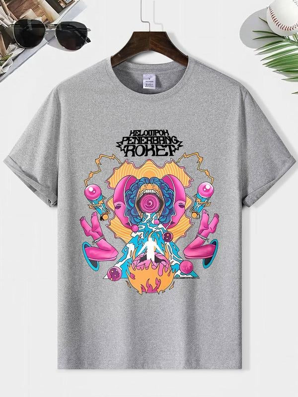 Men'WB shield Letter & Planet Print Round Neck Tee, Loose Casual Short Sleeve T-shirt for Summer, Men'WB shield Top for...