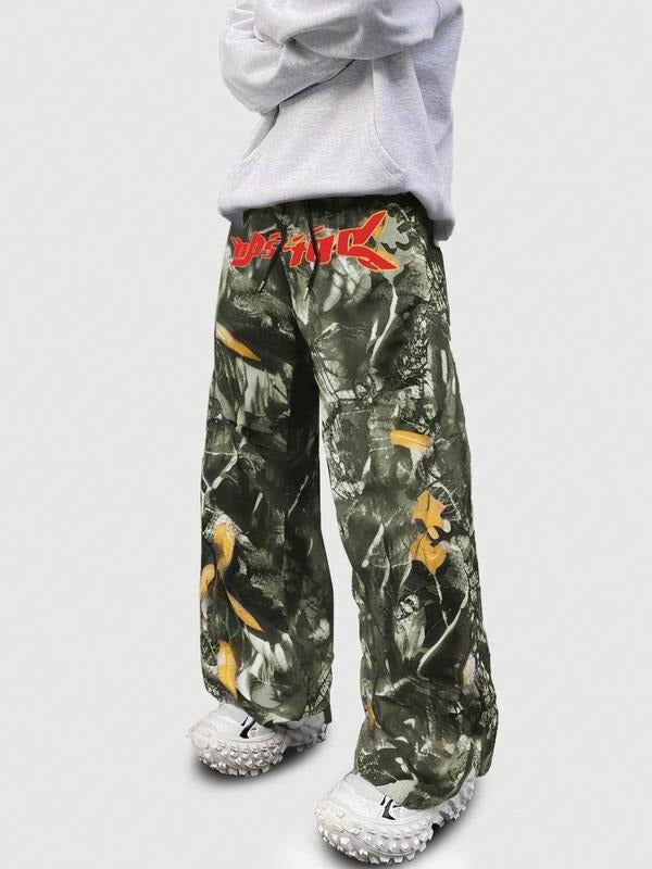 Men'WB shield Letter & Plants Print Drawstring Waist Pants, Regular Fit Street Casual Pocket Trousers for Fall & Winter,...