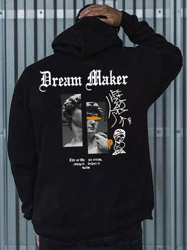 Men'WB shield Letter & Sculpture Print Drawstring Hoodie, Casual Regular Fit Pocket Long Sleeve Hooded Sweatshirt, Men...
