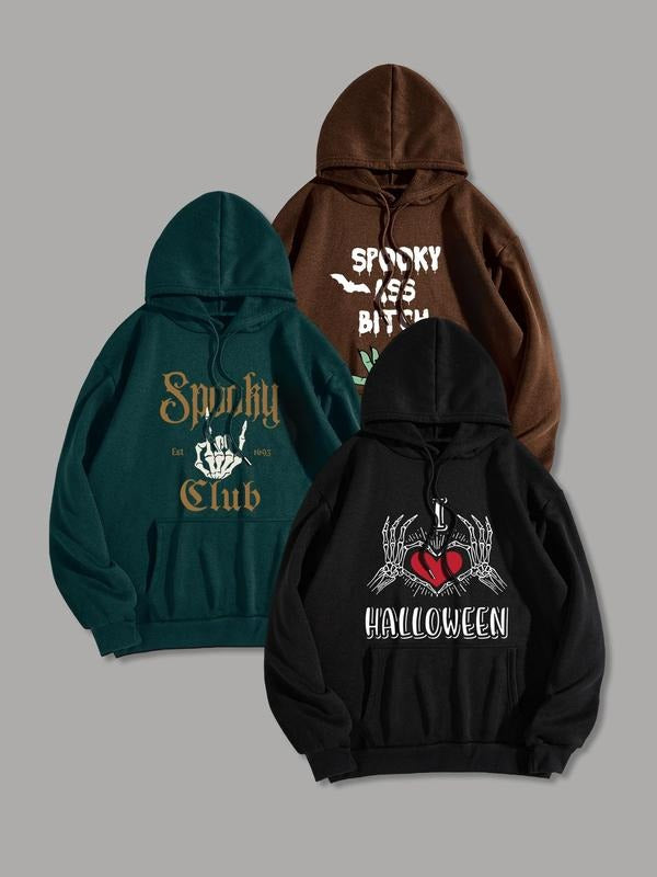 Men'WB shield Letter & Skeleton Print Drop Shoulder Hoodie, Fashion Casual Regular Fit Drawstring Pocket Hooded...