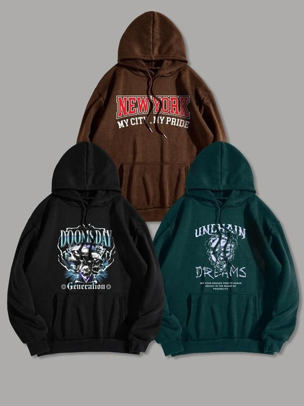 Men'WB shield Letter & Skull Print Drop Shoulder Hoodie, Fashion Casual Regular Fit Drawstring Pocket Hooded Sweatshirt...