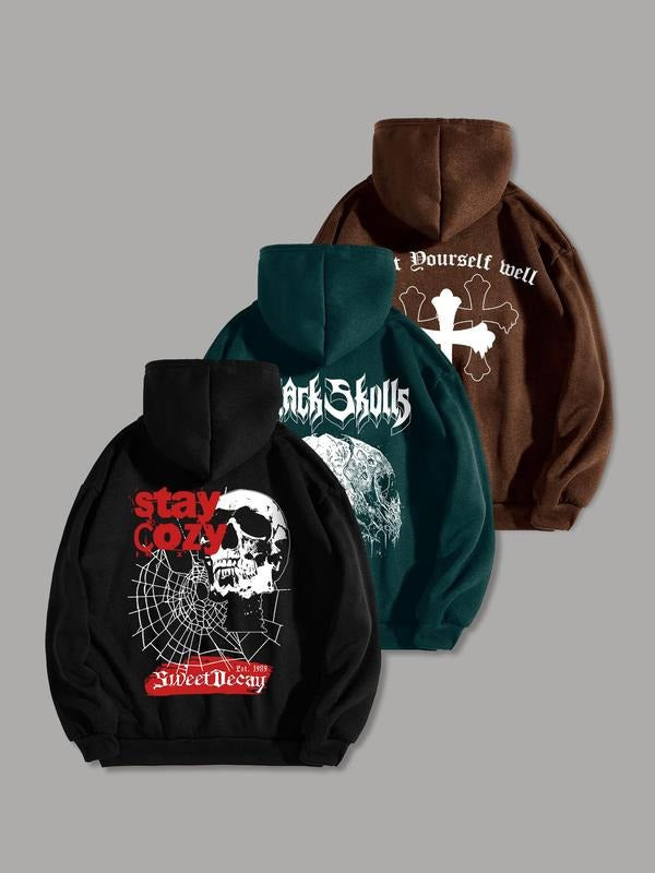 Men'WB shield Letter & Skull Print Drop Shoulder Hoodie, Fashion Casual Regular Fit Drawstring Pocket Hooded Sweatshirt...