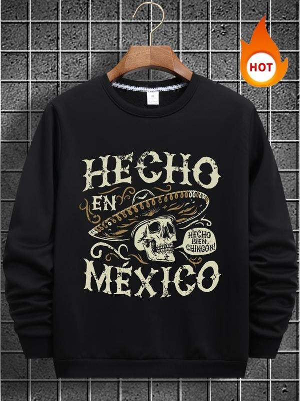 Men'WB shield Letter & Skull Print Round Neck Sweatshirt, Regular Fit Casual Long Sleeve Crew Neck Pullover for Fall &...