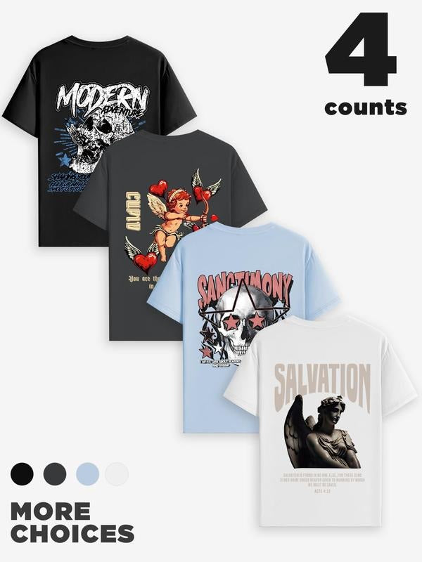 Men'WB shield Letter & Skull Print Round Neck Tee, Regular Fit Casual Short Sleeve Crew Neck T-shirt for Summer, Fashion...