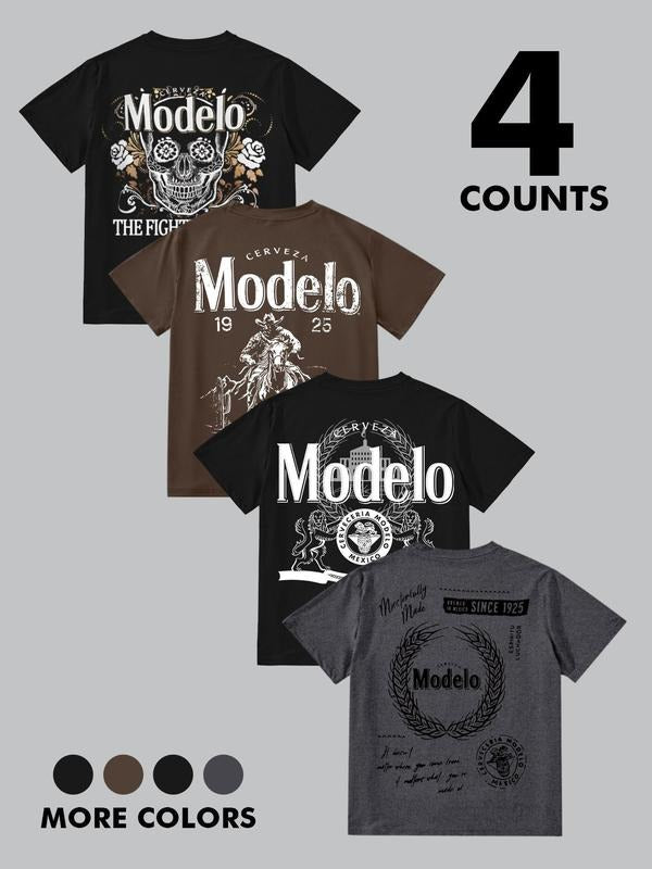 Men'WB shield Letter & Skull Print Round Neck Tee, Regular Fit Casual Short Sleeve T-shirt for Summer, Men'WB shield Top...