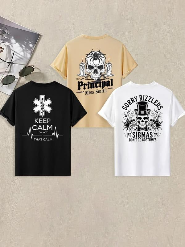 Men'WB shield Letter & Skull Print Short Sleeve Graphic Tee, Casual Comfy Round Neck T-shirt for Summer, Men'WB shield...