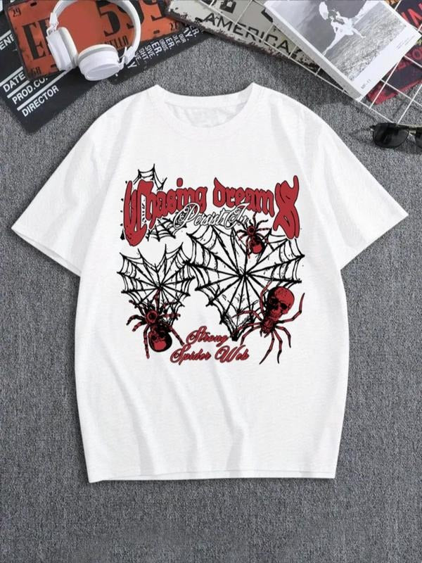 Men'WB shield Letter & Spider Print Round Neck Summer Y2K Tee, Summer Menswear, Graphic Baby Tee Y2k Tee, Loose Street...