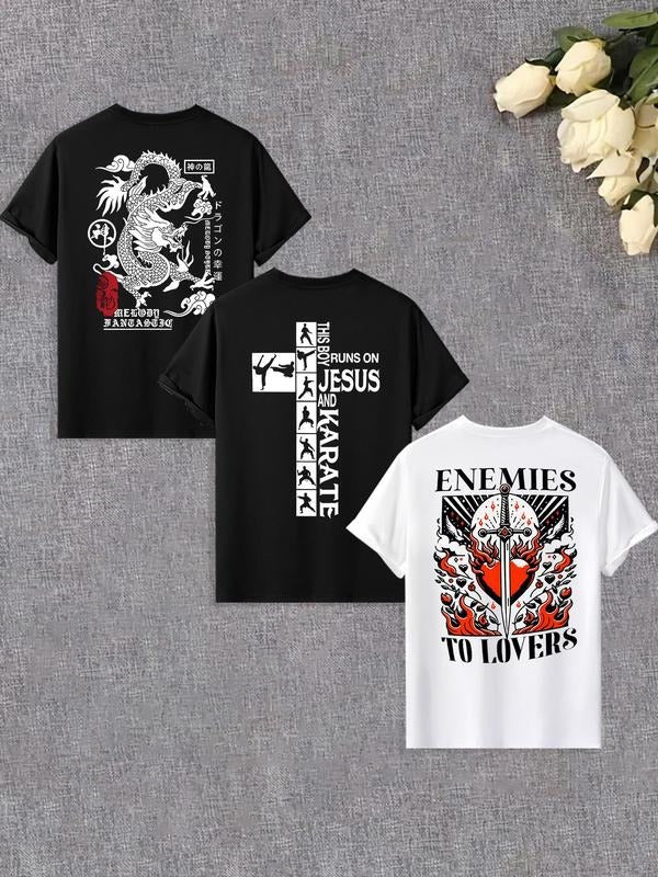 Men'WB shield Letter & Spiky hair fighters Print Short Sleeve Graphic Tee, Regular Fit Casual Round Neck T-shirt for...