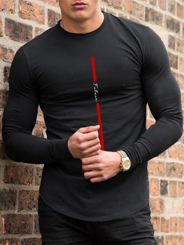 Men'WB shield Letter & Striped Print Round Neck Black Graphic Tee, Regular Fit Crew Neck Long Sleeve T-shirt for Outdoor...