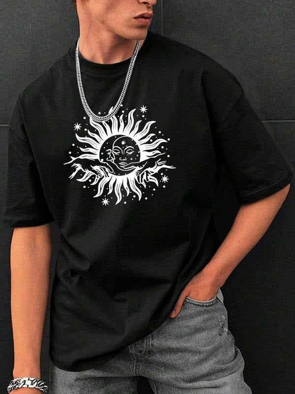 Men'WB shield Letter & Sun Print Round Neck Graphic Tee, Casual Loose Short Sleeve T-shirt for Summer, Men'WB shield Top...