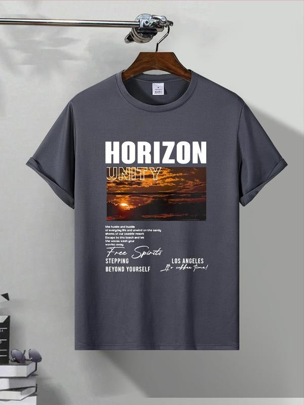 Men'WB shield Letter & Sunset Print Round Neck Graphic Tee, Regular Fit Casual Short Sleeve T-shirt for Summer, Men'WB...