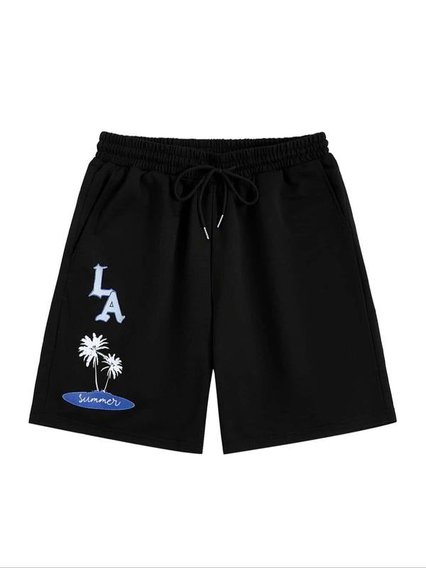 Men'WB shield Letter & Tree Print Tie Front Shorts, Regular Fit Casual Elastic Waist Pocket Shorts for Summer, Men'WB...