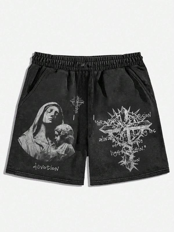 Men'WB shield Letter & Virgin Mary Print Drawstring Waist Shorts, Regular Fit Casual Comfy Track Shorts for Summer,...
