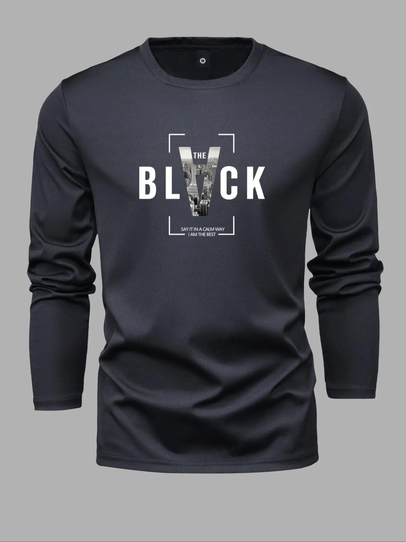 Men'WB shield Letter Graphic Print Round Neck Tee, Regular Fit Casual Fashion Long Sleeve T-shirt for Spring & Fall,...