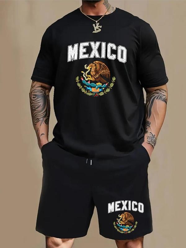 Men'WB shield Letter Graphic Short Sleeve Tee & Shorts Set, Regular Fit Round Neck T-shirt & Chinos Shorts, Casual Summer...