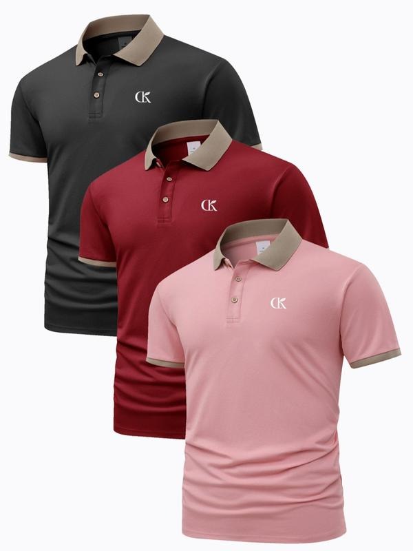 Men'WB shield Letter Print Contrast Binding Polo Shirt, Regular Fit Casual Short Sleeve Collared Top for Summer, Fashion...