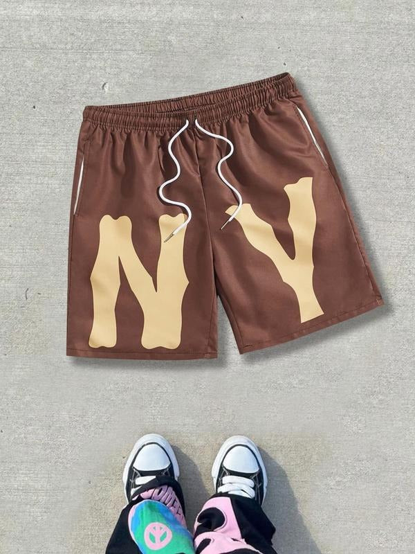 Men'WB shield Letter Print Drawstring Waist Shorts, Regular Fit Casual Fashion Shorts for Daily Wear, Men'WB shield...
