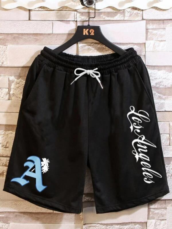Men'WB shield Letter Print Drawstring Waist Shorts, Summer TNF Regular Fit Casual Pocket Straight Leg Shorts for Men,...