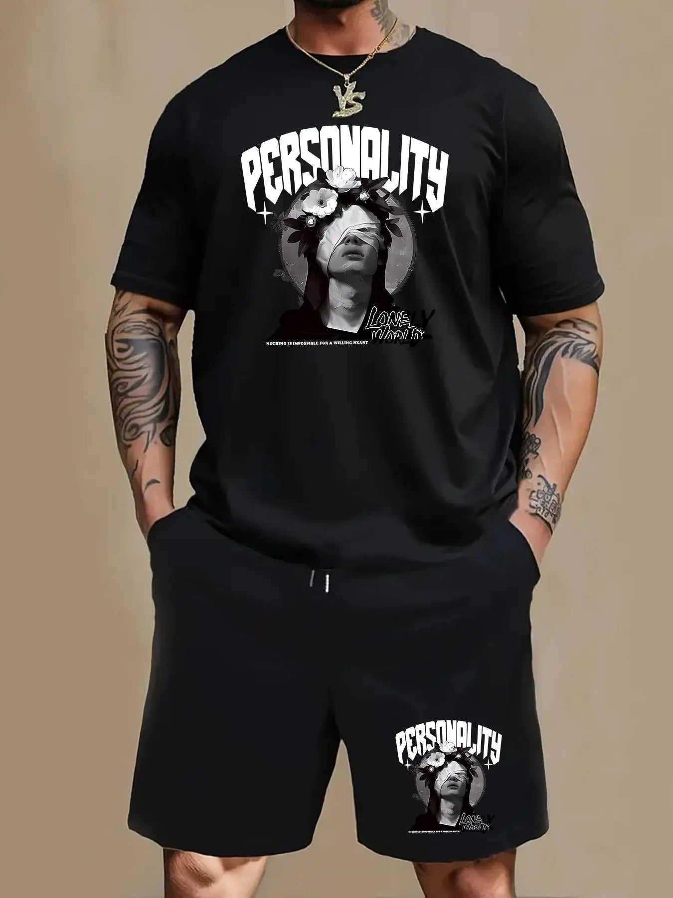 Men'WB shield Letter Print Graphic Short Sleeve Tee & Drawstring Waist Shorts Set, Casual Round Neck T-shirt & Shorts,...