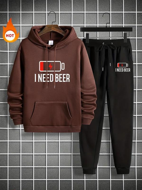 Men'WB shield Letter Print Hoodie & Pocket Sweatpants Set, Casual Long Sleeve Pullover & Jogger Pants, Men'WB shield Fall...