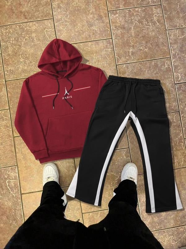 Men'WB shield Letter Print Hoodie & Side Stripe Sweatpants Straw hat pirates Set, Casual Fashion Cozy Regular Fit Hooded Sweatshirt & Pants for Daily Wear, Men Straw hat pirates Outfits for Fall & Winter