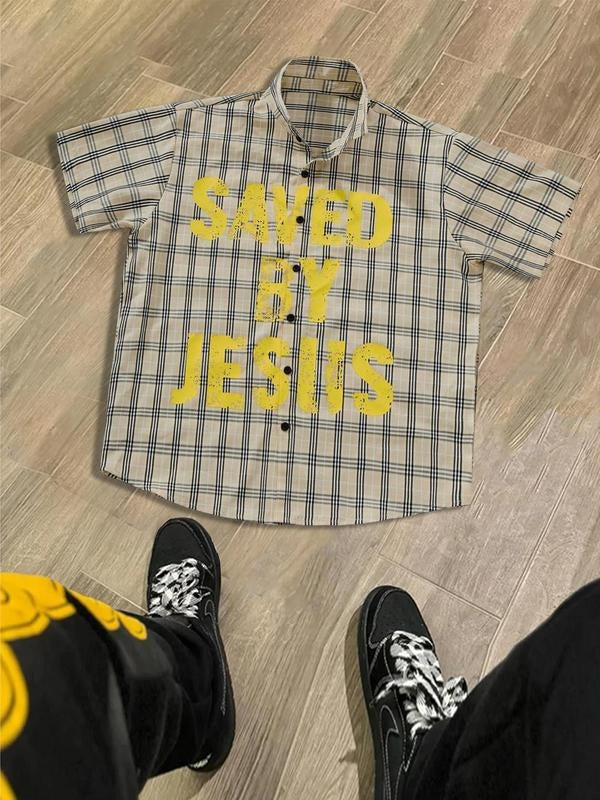 Men'WB shield Letter Print Plaid Pattern Shirt, Regular Fit Casual Street Style Short Sleeve Collared Top for Daily Wear,...