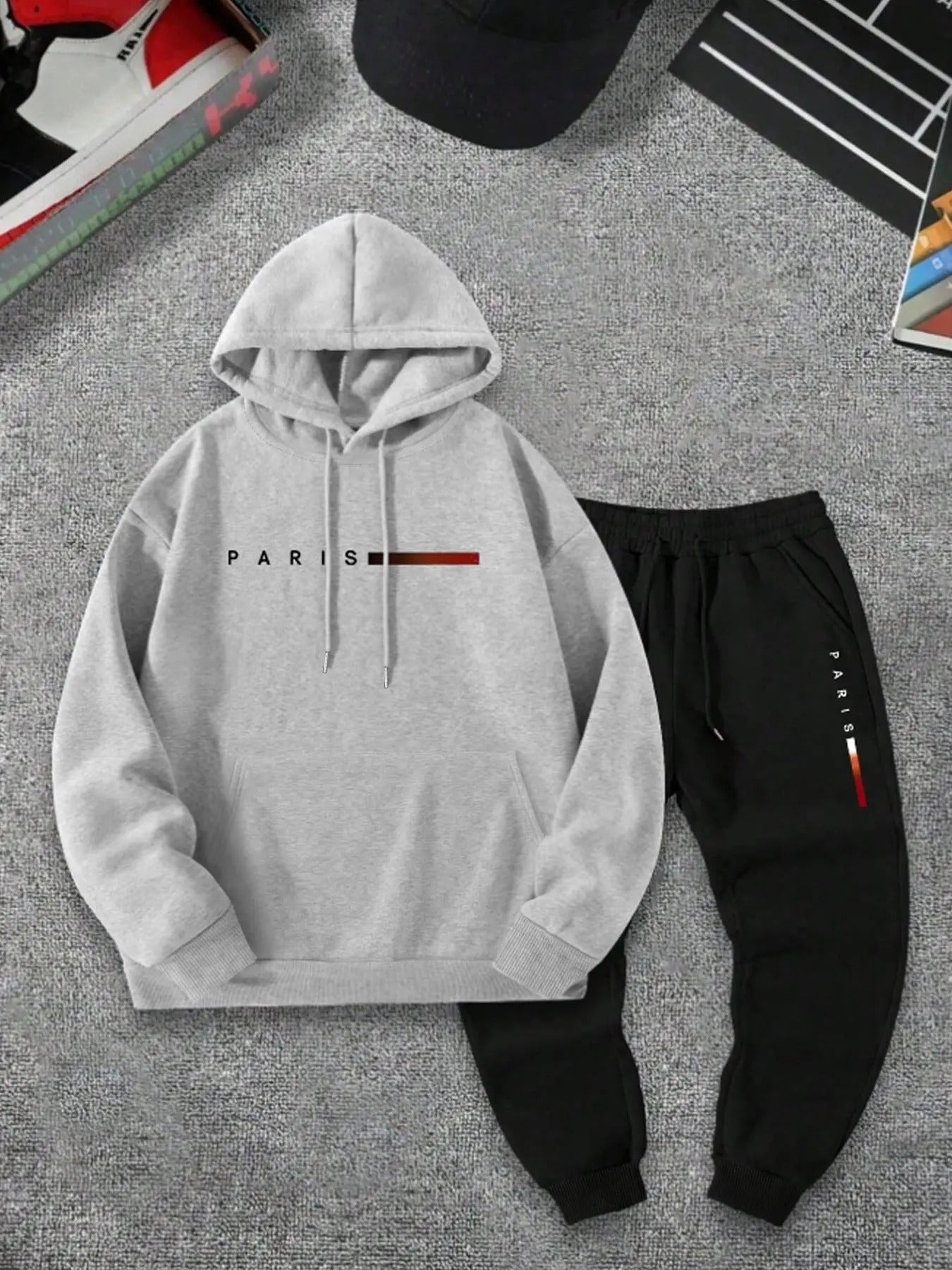 Men'WB shield Letter Print Pocket Hoodie & Drawstring Waist Sweatpants Set, Regular Fit Casual Fashion Cozy Breathable Straw hat pirates Outfits for Daily Outdoor Wear, Men TNF for Spring & Fall