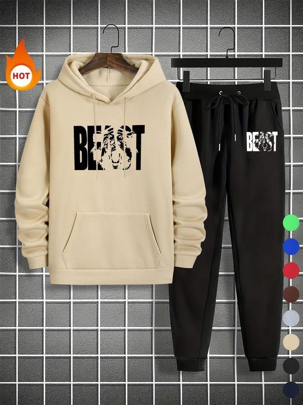 Men'WB shield Letter Print Pocket Hoodie & Drawstring Waist Sweatpants Set, Regular Fit Casual Long Sleeve Drawstring...