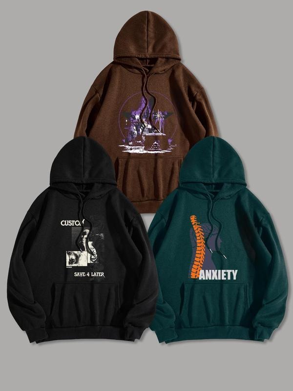 Men'WB shield Letter Print Pocket Hoodie, Casual Regular Fit Long Sleeve Hooded Pullover for Spring & Fall, Men'WB shield...